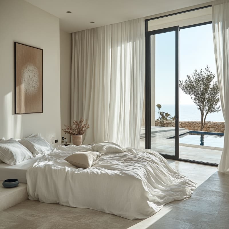 Mediterranean luxury bedroom with ocean view, pool, olive tree, white linen, and natural sunlight streaming through floor-to-ceiling windows