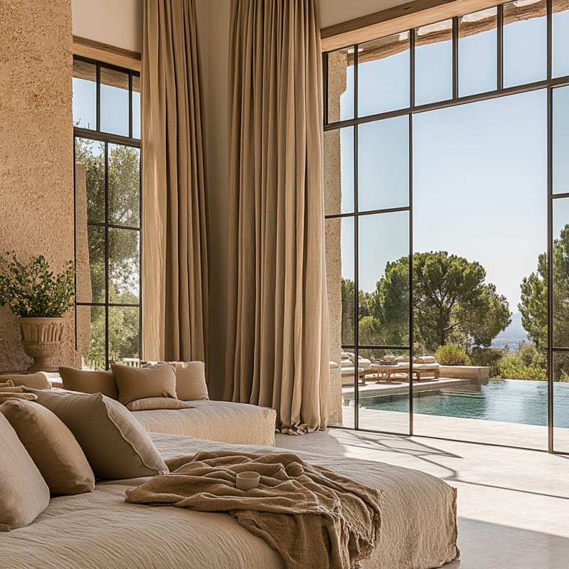 Mediterranean luxury living room with floor-to-ceiling windows, infinity pool view, and natural linen furnishings in warm sunlight