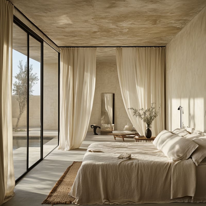 Mediterranean minimalist bedroom with floor-to-ceiling windows, flowing curtains, natural textures, and olive tree views