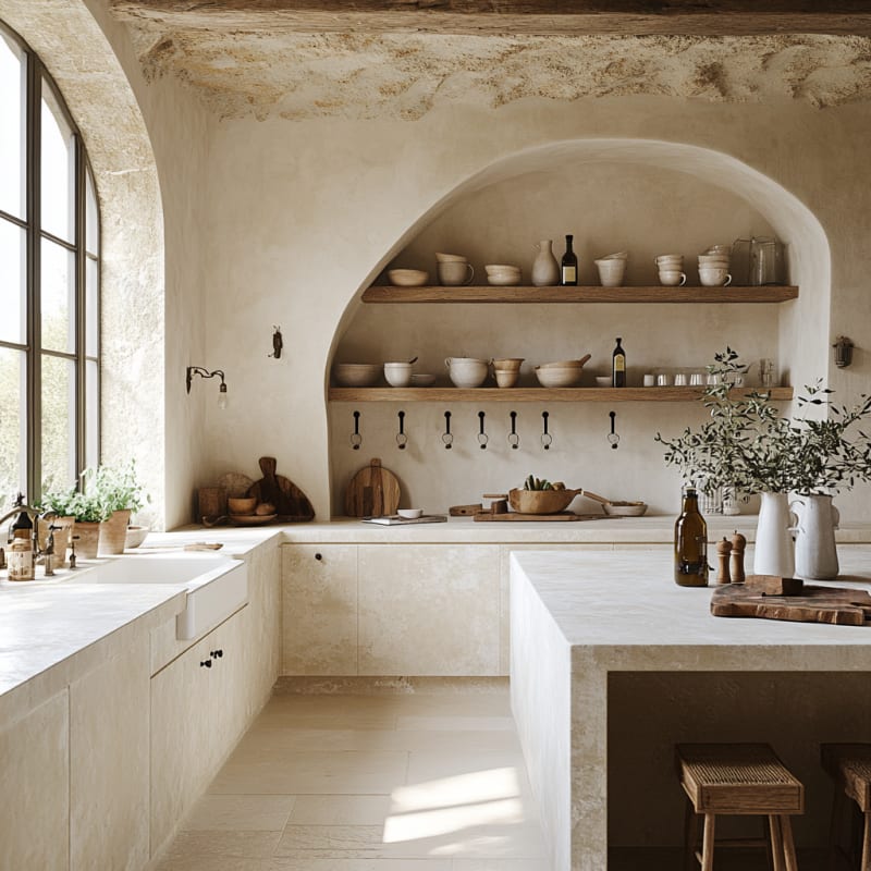 Mediterranean minimalist kitchen with arched alcove, natural stone textures, and organic ceramic tableware