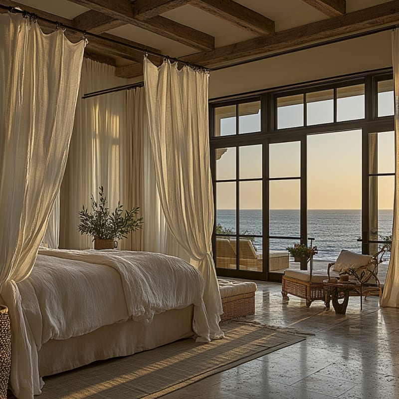 Mediterranean oceanfront bedroom with floor-to-ceiling windows, draped canopy bed, and golden sunset views over water