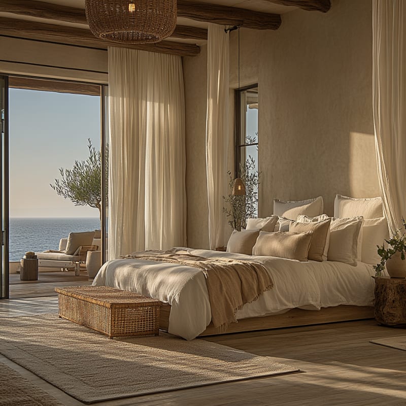 Mediterranean oceanfront bedroom with natural textures, olive trees, and flowing curtains bathed in golden sunlight