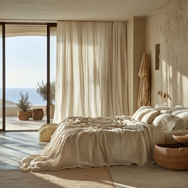 Mediterranean oceanview bedroom with natural linen bedding, woven baskets, and olive tree on sunlit terrace