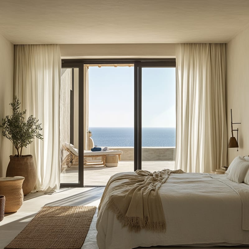 Mediterranean oceanview bedroom with private terrace, natural textures, and floor-to-ceiling sliding doors in neutral tones