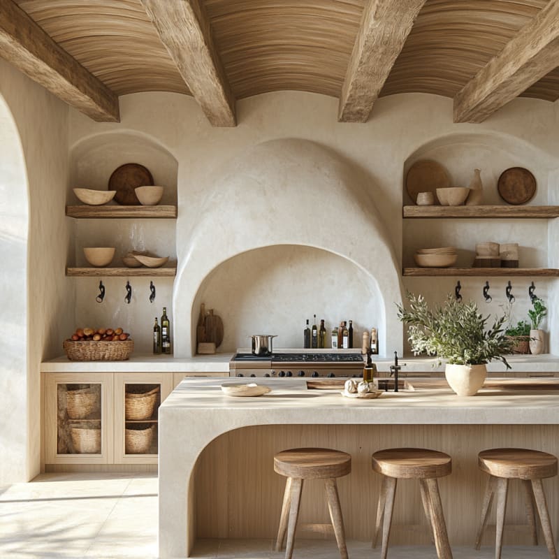 Mediterranean organic kitchen with curved white plaster walls, wooden beams, rustic open shelving, and natural materials