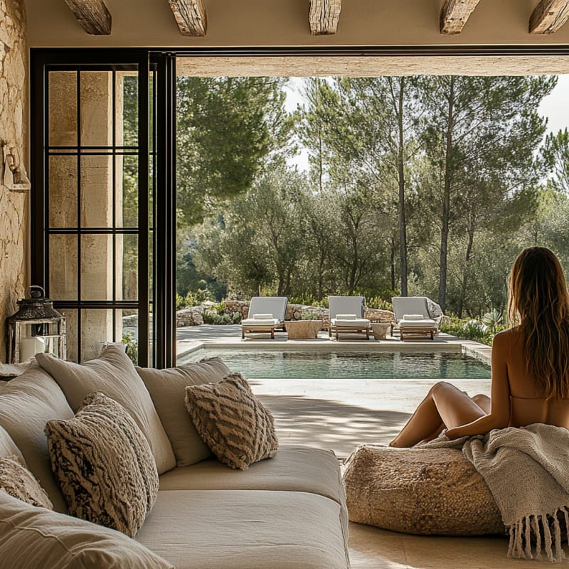 Mediterranean pool house living space with rustic beams, natural textures, and indoor-outdoor lounging overlooking pine forest