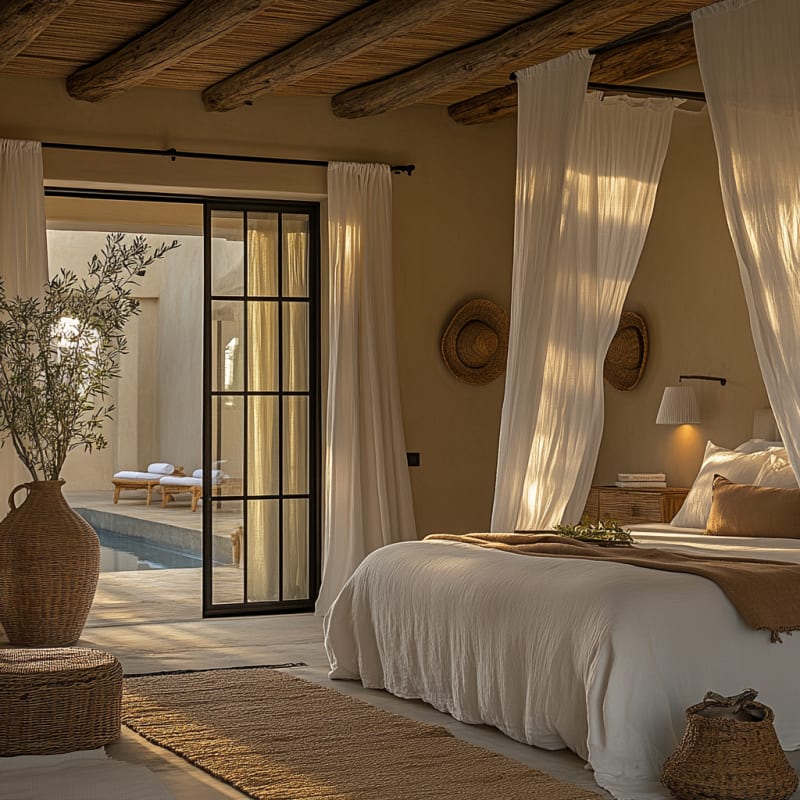 Mediterranean poolside bedroom with rustic wood beams, flowing curtains, and natural textures in warm sunset light