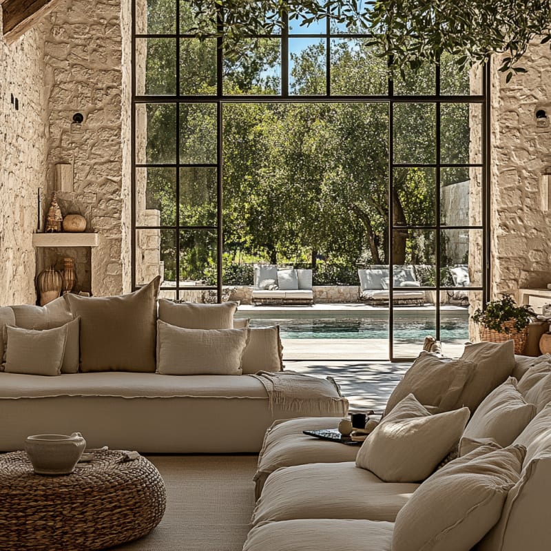 Mediterranean poolside living room with steel-frame windows, stone walls, and oversized linen sofas overlooking garden