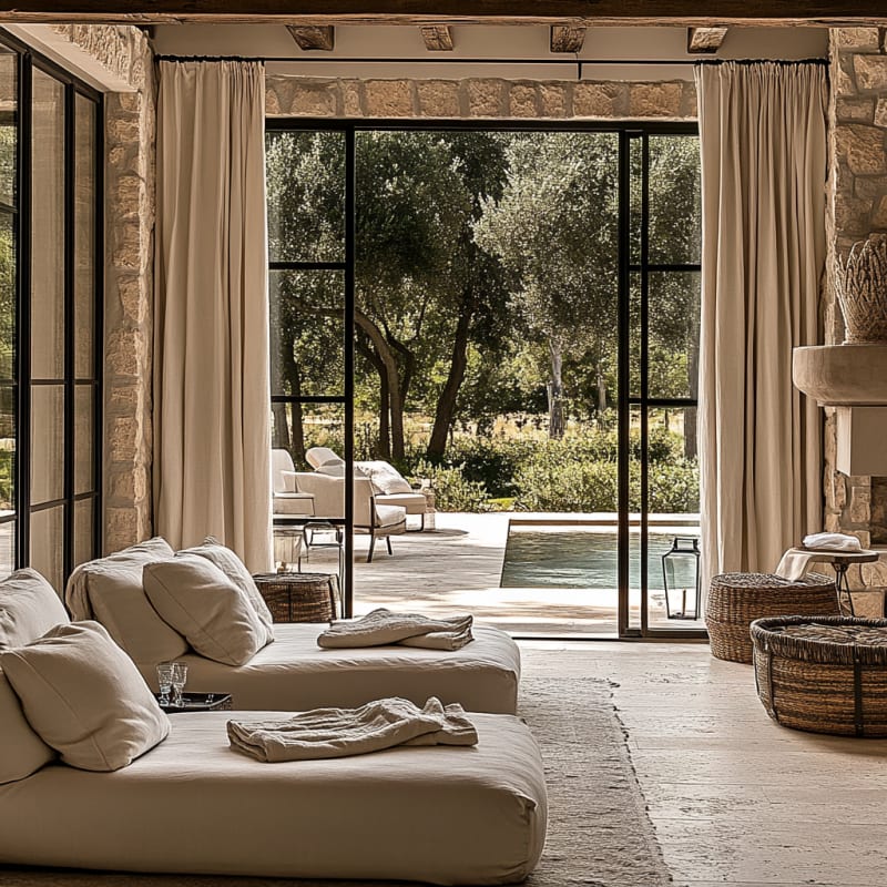 Mediterranean poolside living room with stone walls, floor-to-ceiling windows overlooking olive trees, and relaxed linen furniture