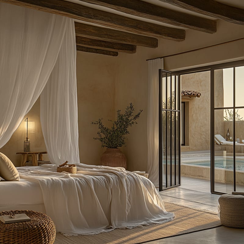 Mediterranean resort-style bedroom with draped canopy bed, exposed beams, and steel-frame doors opening to private pool