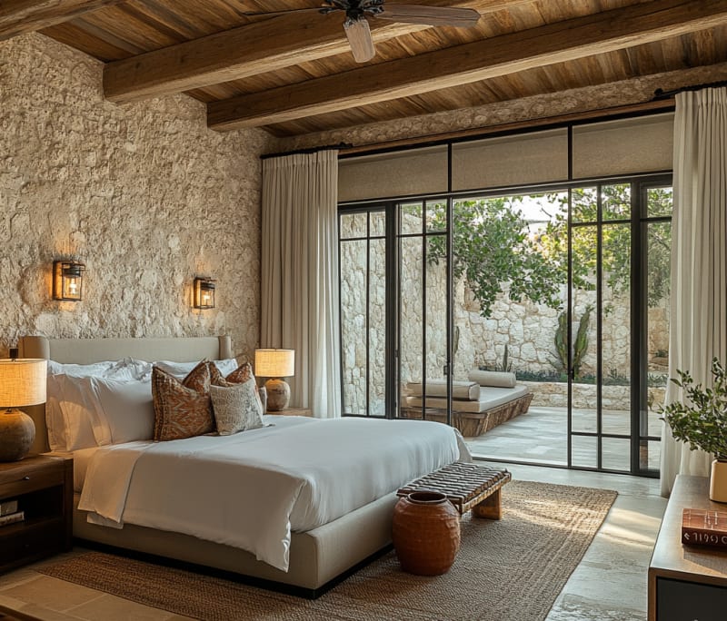Mediterranean resort-style bedroom with exposed wooden beams, textured stone walls, and sliding glass doors to private courtyard