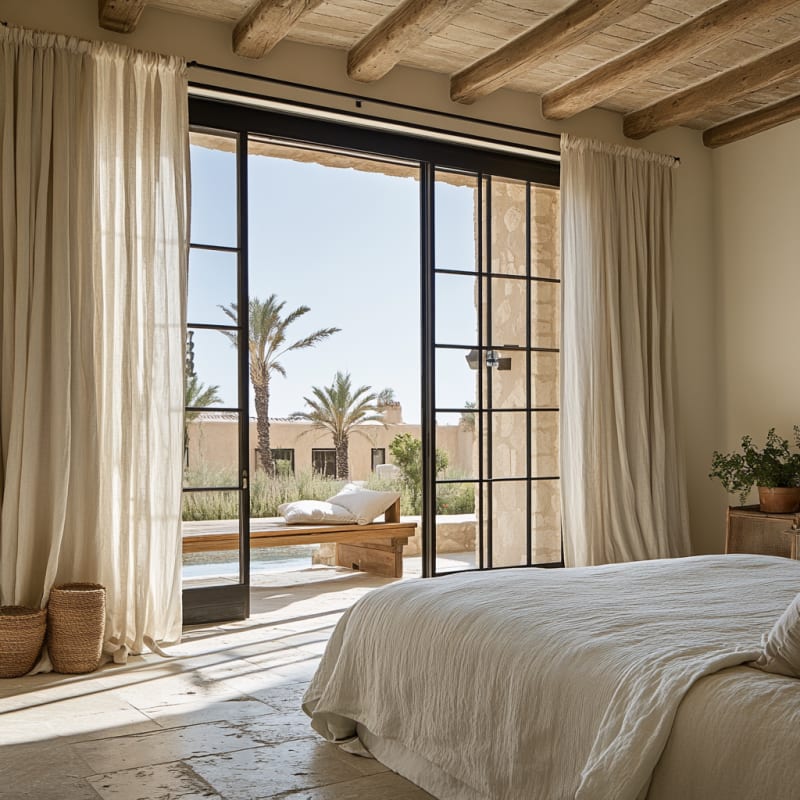 Mediterranean resort-style bedroom with steel-frame doors, exposed beams, pool view, and palm trees in natural sunlight