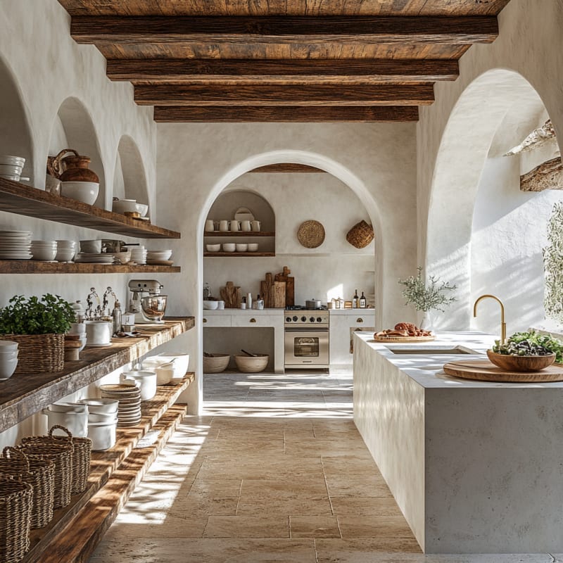 Mediterranean rustic kitchen with arched alcoves, wooden beams, white plaster walls, and natural stone floors