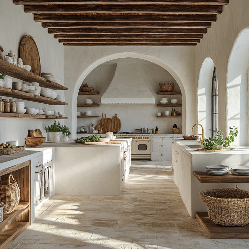 Mediterranean rustic kitchen with arched alcoves, wooden shelves, white textured walls, and natural light streaming through windows