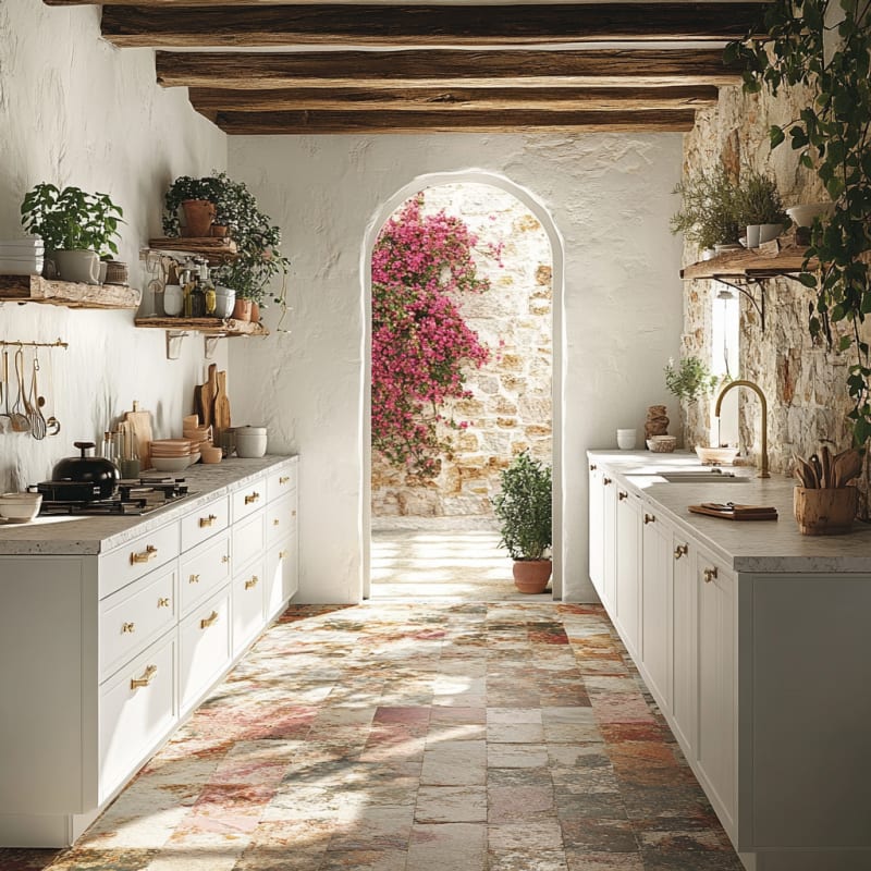 Mediterranean rustic kitchen with arched doorway, pink bougainvillea, wooden beams, and stone textured walls