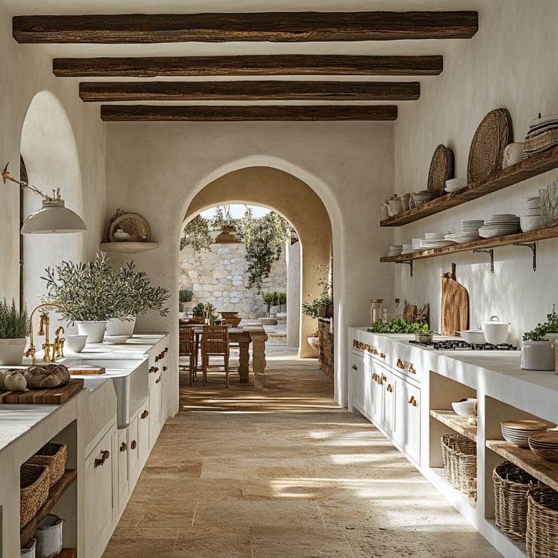 Mediterranean rustic kitchen with arched doorway, wooden beams, white cabinets, and stone floor, filled with natural light and indoor plants