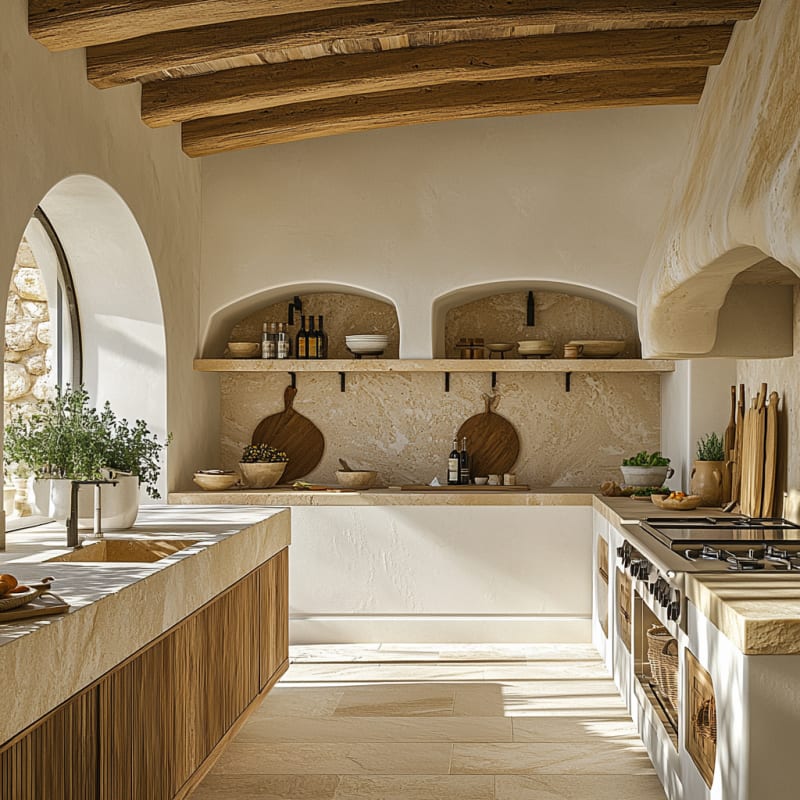 Mediterranean rustic kitchen with arched stone niches, wooden beams, and organic textured surfaces in warm neutral tones