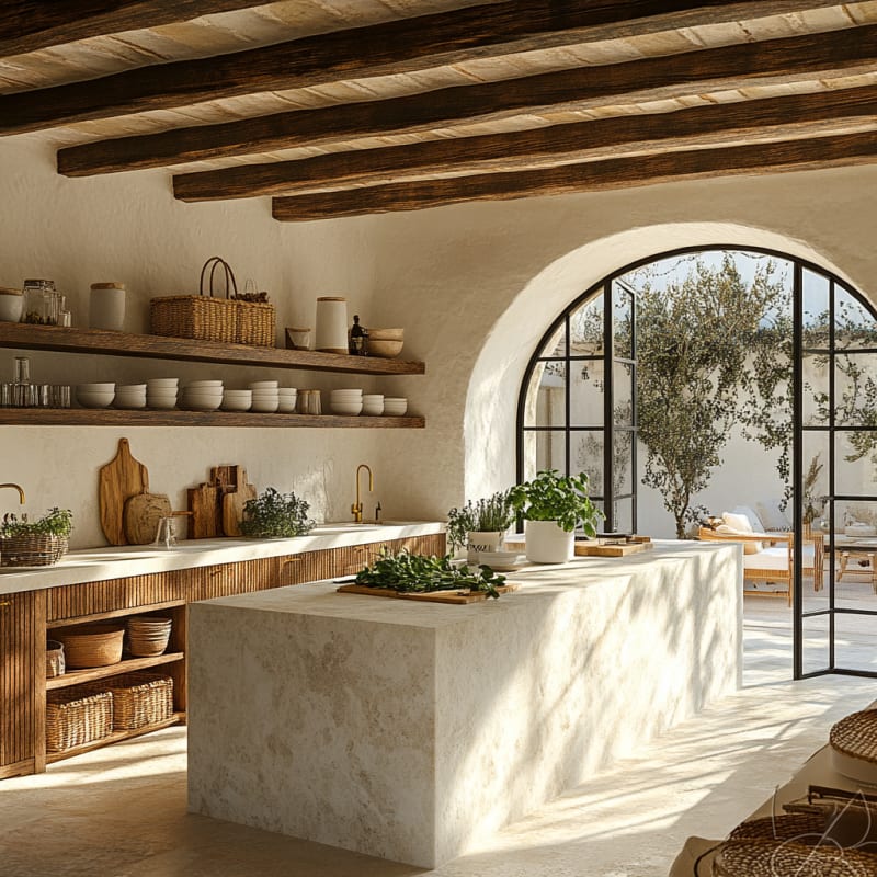 Mediterranean rustic kitchen with arched window, wooden beams, marble island, and organic natural light