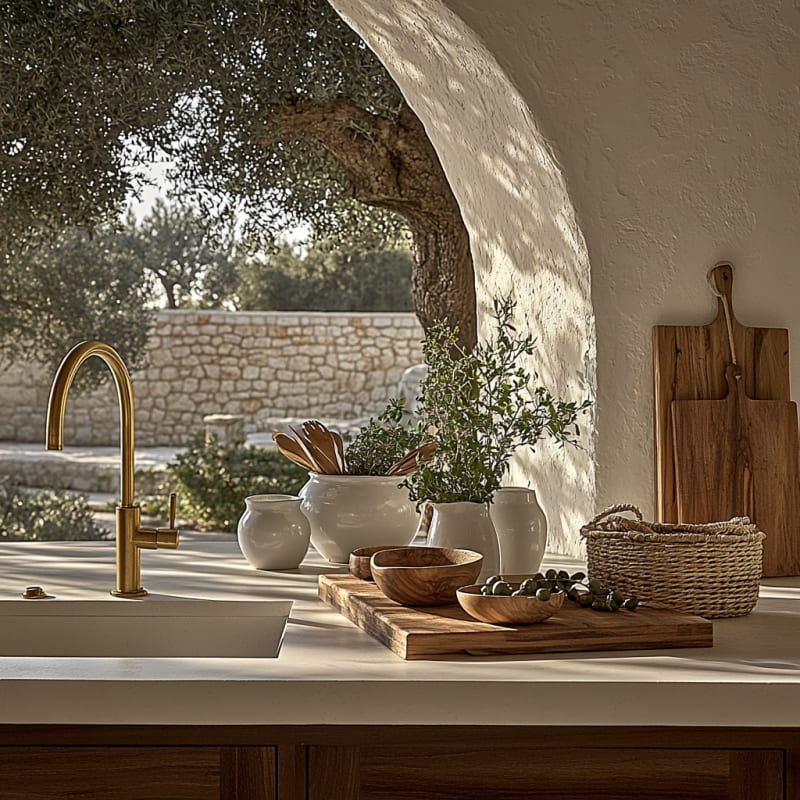 Mediterranean rustic kitchen with golden faucet, wooden cutting boards, and olive tree view through stone arch window