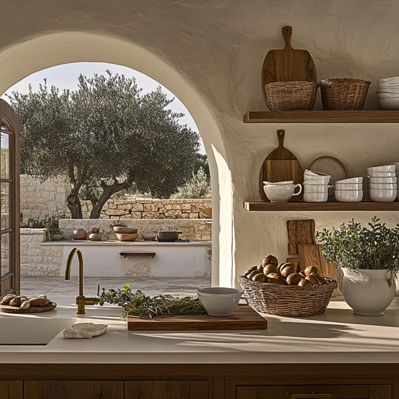 Mediterranean rustic kitchen with stone arch window, olive tree view, wooden shelves, and artisan ceramic bowls