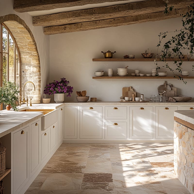 Mediterranean rustic kitchen with stone arched window, wooden beams, and white ceramic details overlooking a blooming garden