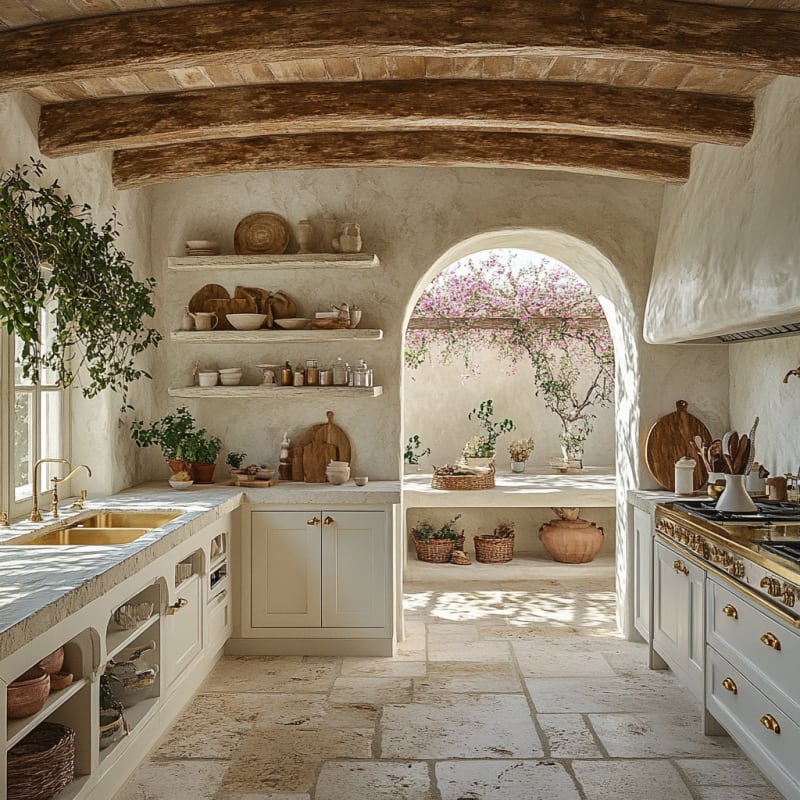 Mediterranean rustic kitchen with stone arched window, wooden beams, white cabinets, and blooming garden view