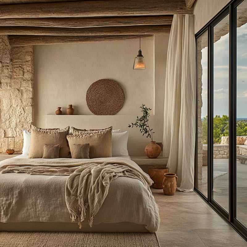 Mediterranean stone bedroom with ocean view, natural textures, linen bedding, and rustic decor in earth tones