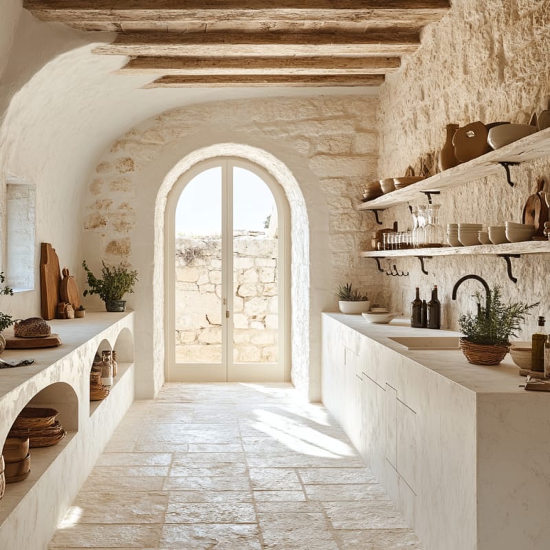Mediterranean stone kitchen with arched windows, rustic wooden beams, and minimalist white marble surfaces