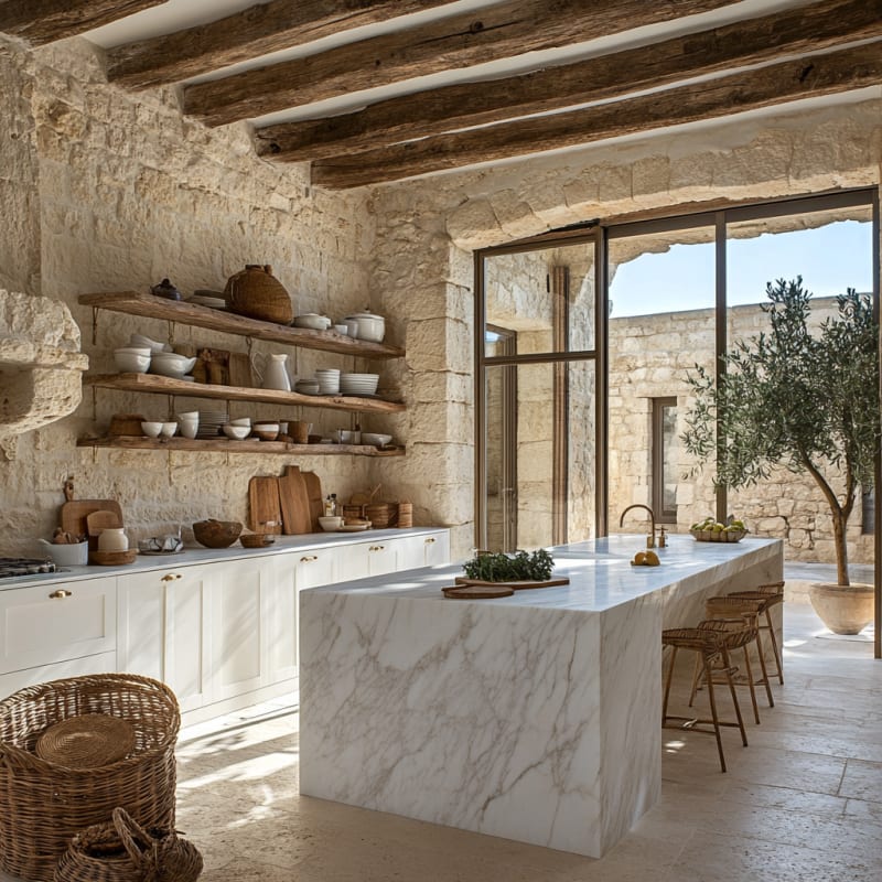 Mediterranean stone kitchen with marble island, wooden beams, and olive tree view through glass doors