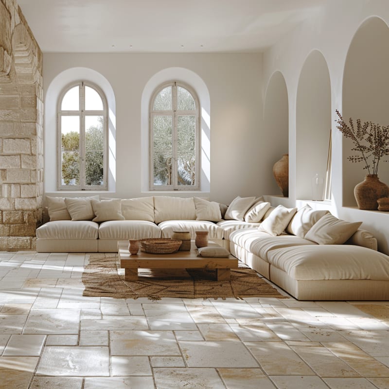 Mediterranean stone living room with arched windows, neutral modular sofa, and natural light flooding the interior