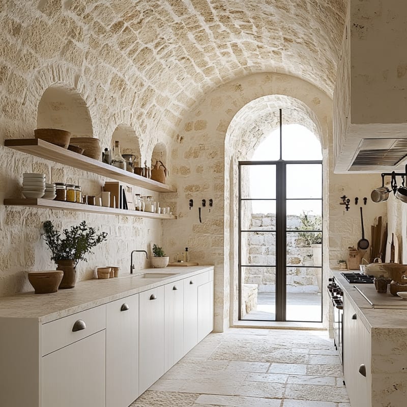 Mediterranean stone vaulted kitchen with white cabinetry, arched windows, and rustic textured walls