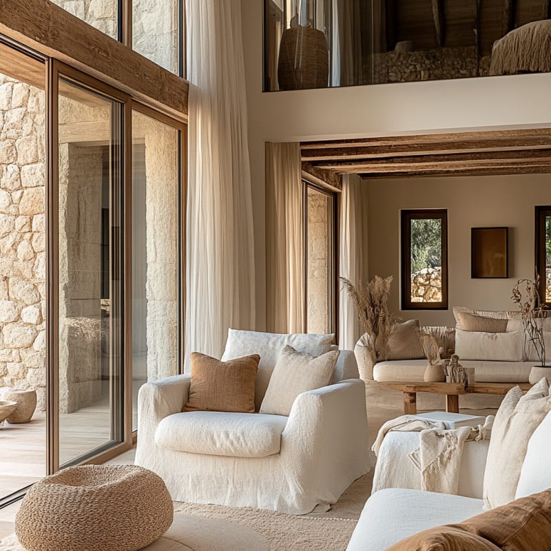 Mediterranean stone villa living room with natural textures, linen furniture, and floor-to-ceiling windows overlooking garden