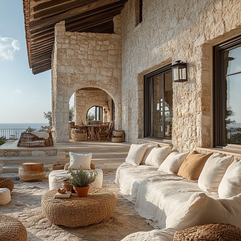 Mediterranean stone villa outdoor living room with arched loggia, linen sofa, and ocean view terrace