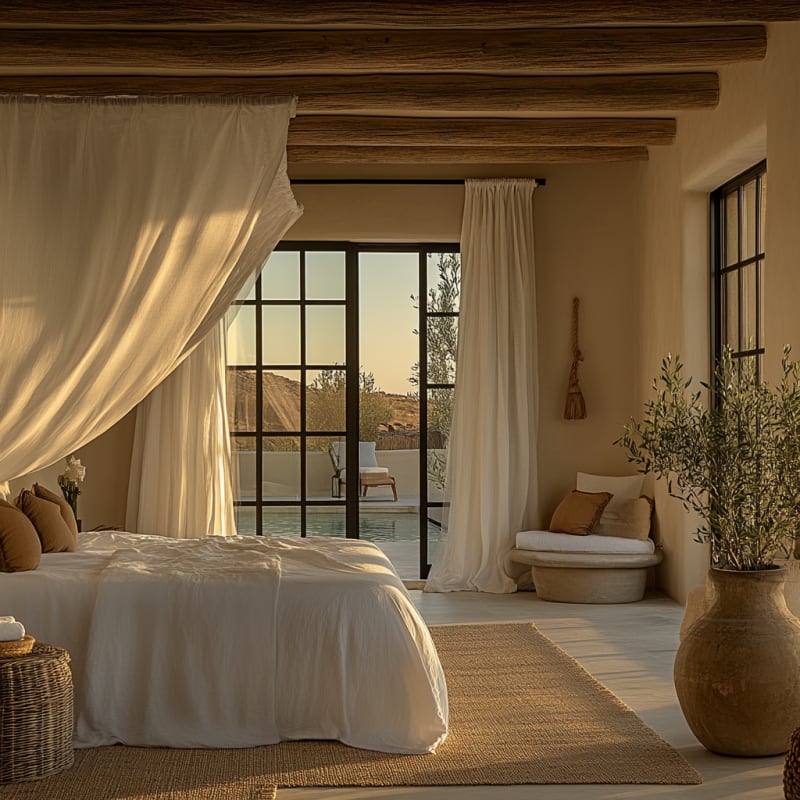 Mediterranean sunset bedroom with poolside terrace, natural textures, and flowing white curtains in warm golden light