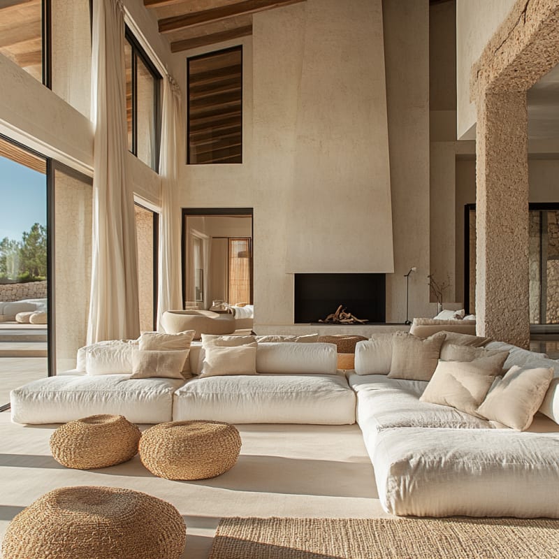 Mediterranean villa living room with double-height ceiling, textured walls, oversized linen sofa, and natural woven accents