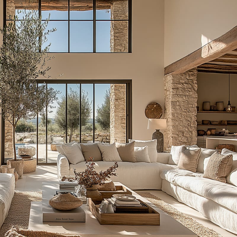 Mediterranean villa living room with double-height windows, stone walls, olive trees, and natural linen sectional in warm sunlight