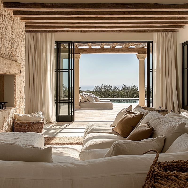 Mediterranean villa living room with exposed beams, ocean view, linen sofas, and indoor-outdoor flow through steel-framed doors