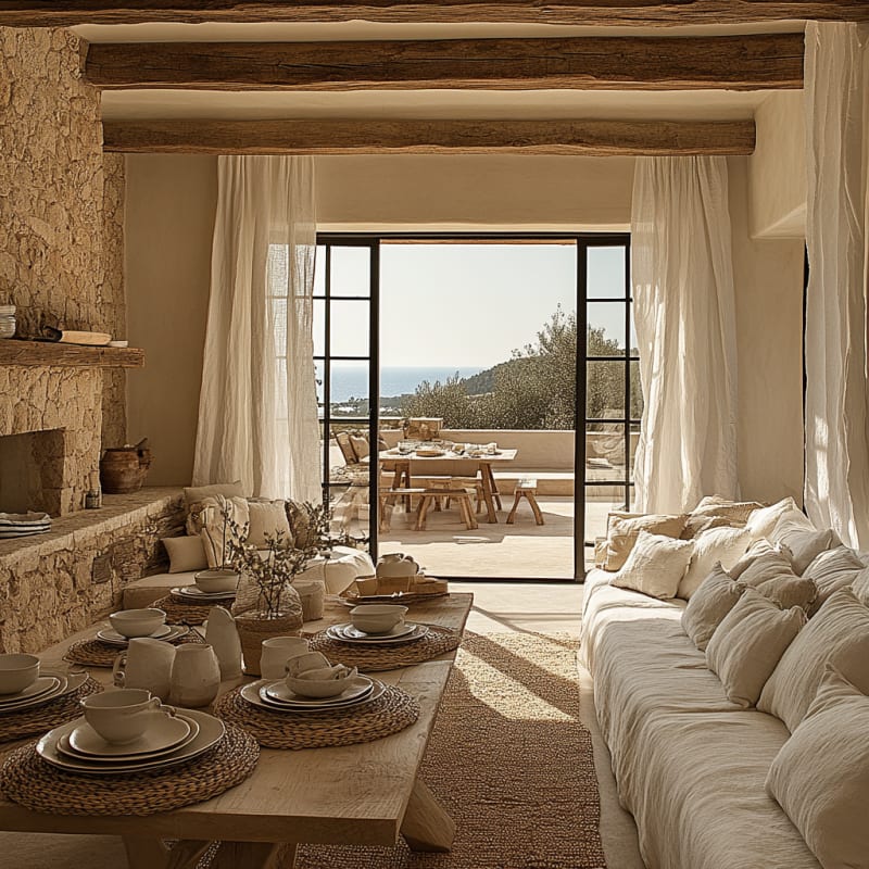 Mediterranean villa living room with exposed stone walls, wooden beams, and ocean view through steel frame doors
