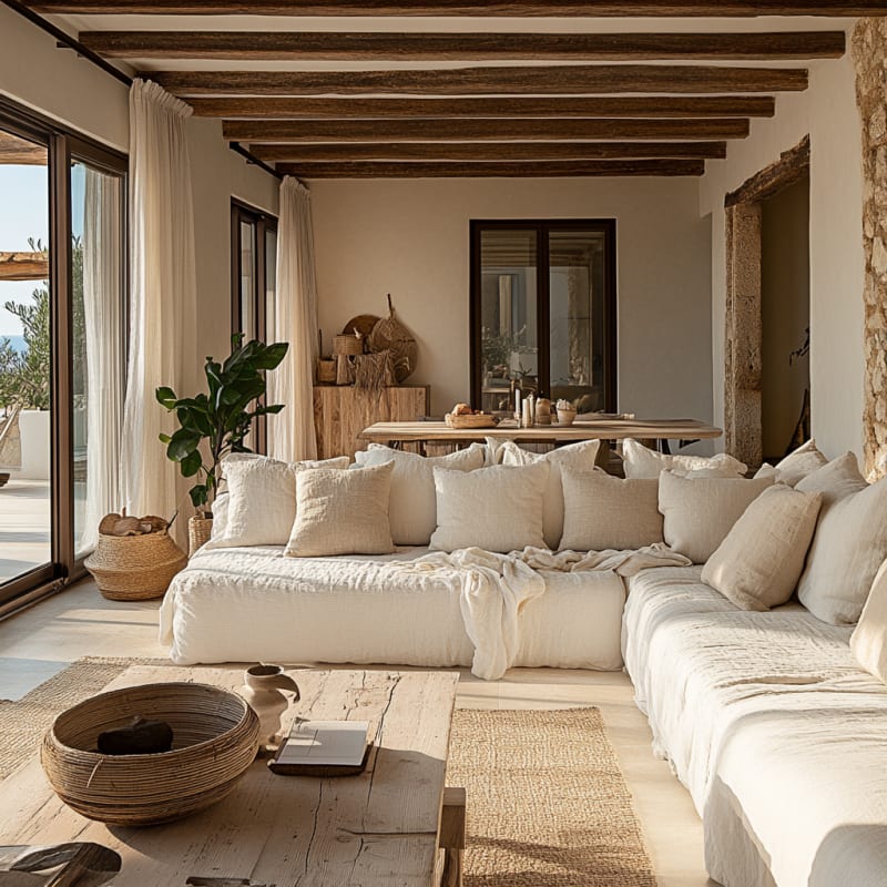 Mediterranean villa living room with exposed wooden beams, linen sectional, natural textures, and ocean view through sliding doors