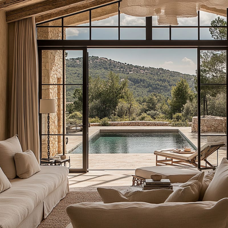 Mediterranean villa living room with infinity pool, mountain views, steel-frame windows, and natural stone walls