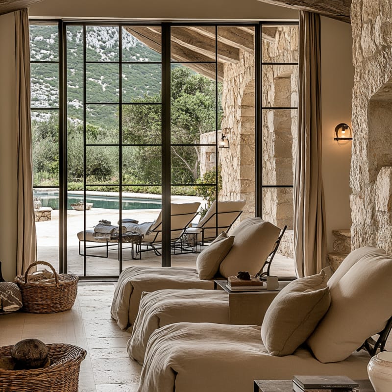 Mediterranean villa living room with steel-frame windows, stone walls, pool view, and oversized linen loungers in natural tones