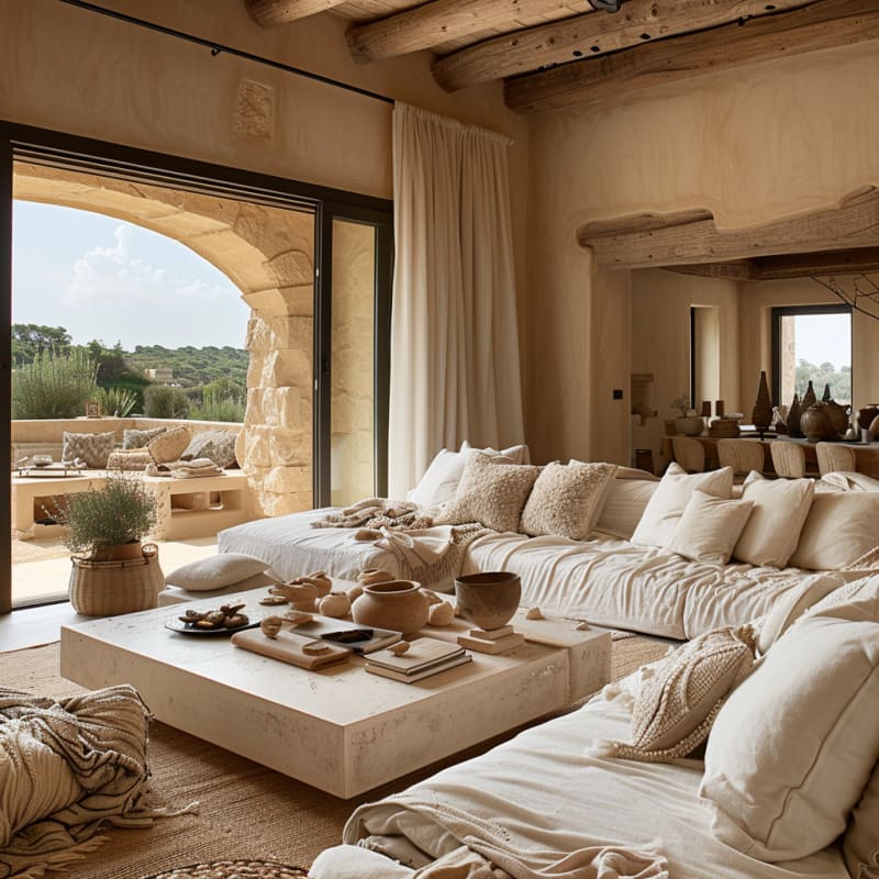 Mediterranean villa living room with stone arch, natural textures, oversized linen sofa, and countryside views