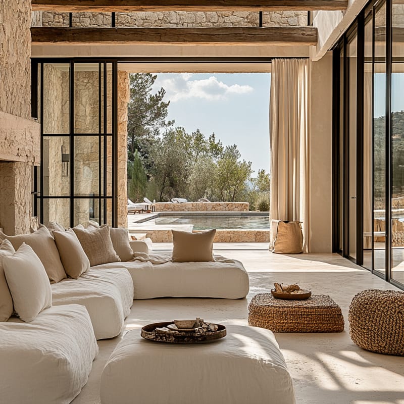 Mediterranean villa living room with stone walls, steel windows, cloud-white sofa, and infinity pool view through sliding glass doors