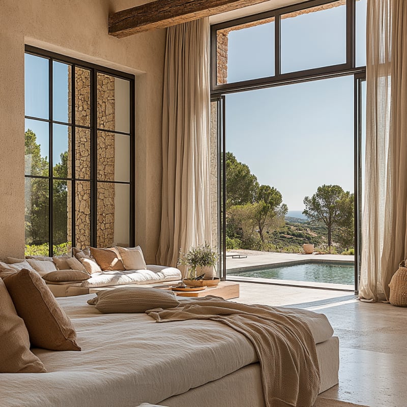 Mediterranean villa living space with pool view, stone walls, floor-to-ceiling windows, and oversized daybed in natural textures