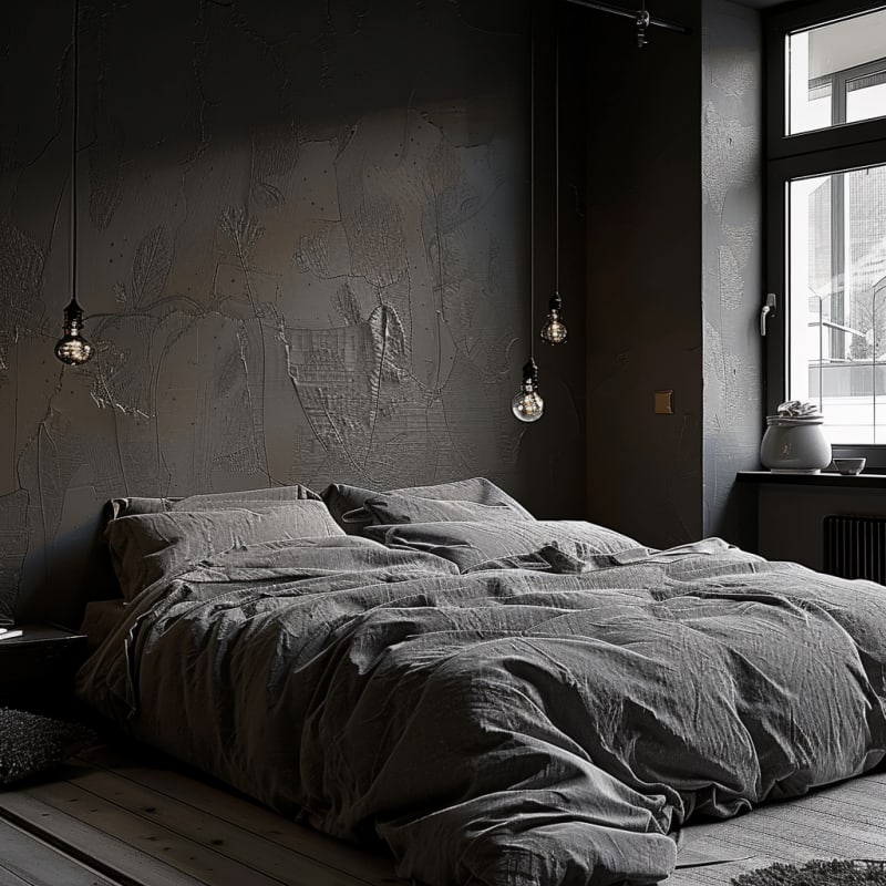 Minimalist dark bedroom featuring textured black walls, wrinkled linen bedding, Edison bulb pendants, natural light, wooden flooring, monochromatic modern design
