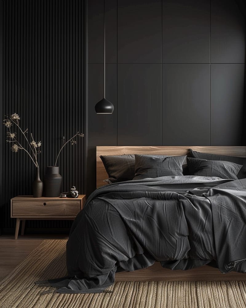 Minimalist dark bedroom with walnut furniture, vertical paneling, black pendant light, textured bedding, monochromatic design