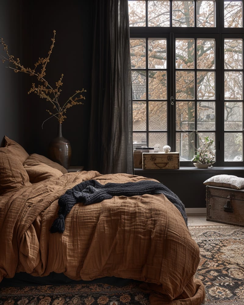 Modern dark bedroom featuring black walls, tall windows, caramel linen bedding, vintage trunk, Persian rug, dried botanicals, and moody autumn design