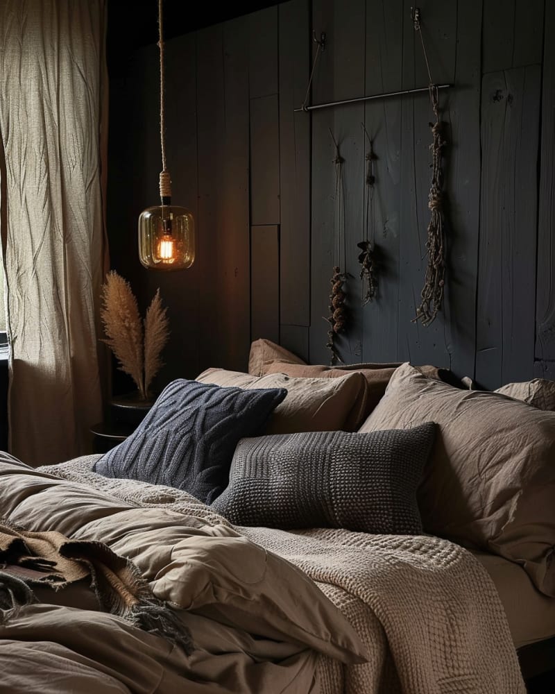 Modern dark bedroom featuring black wood paneling, glass pendant light, knitted pillows, linen bedding, pampas grass, dried botanicals, and moody minimalist design