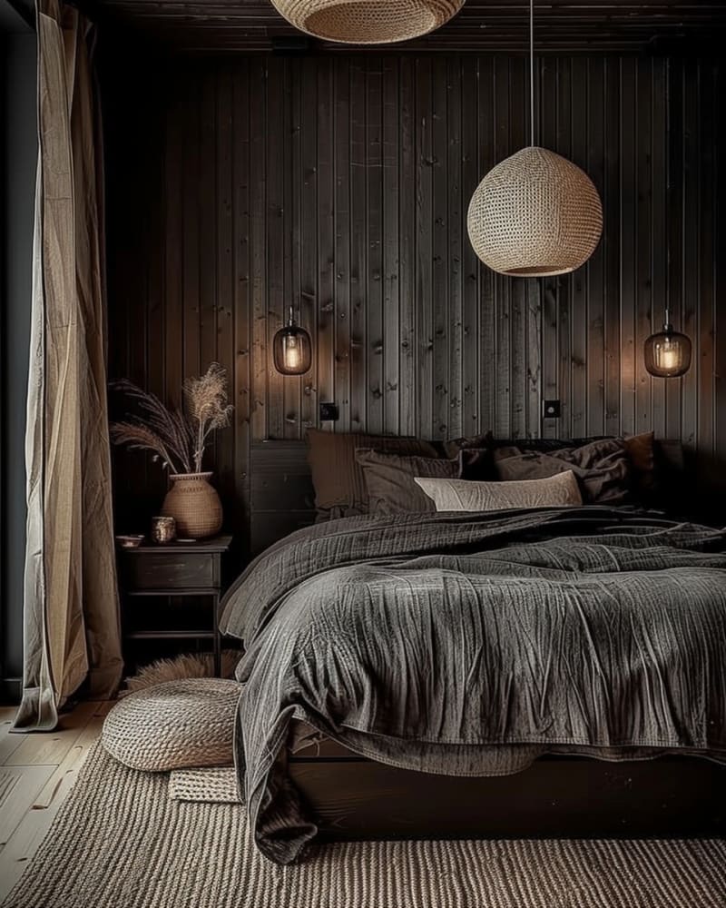 Modern dark bedroom featuring black wood paneling, woven pendant lights, textured bedding, sheer curtains, jute rug, pampas grass, and moody Scandinavian design
