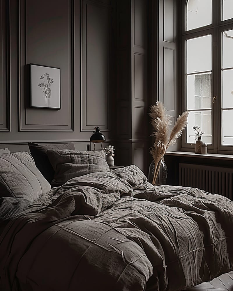 Modern dark bedroom featuring charcoal paneled walls, washed linen bedding, botanical art, pampas grass, tall windows, French molding, moody Parisian design